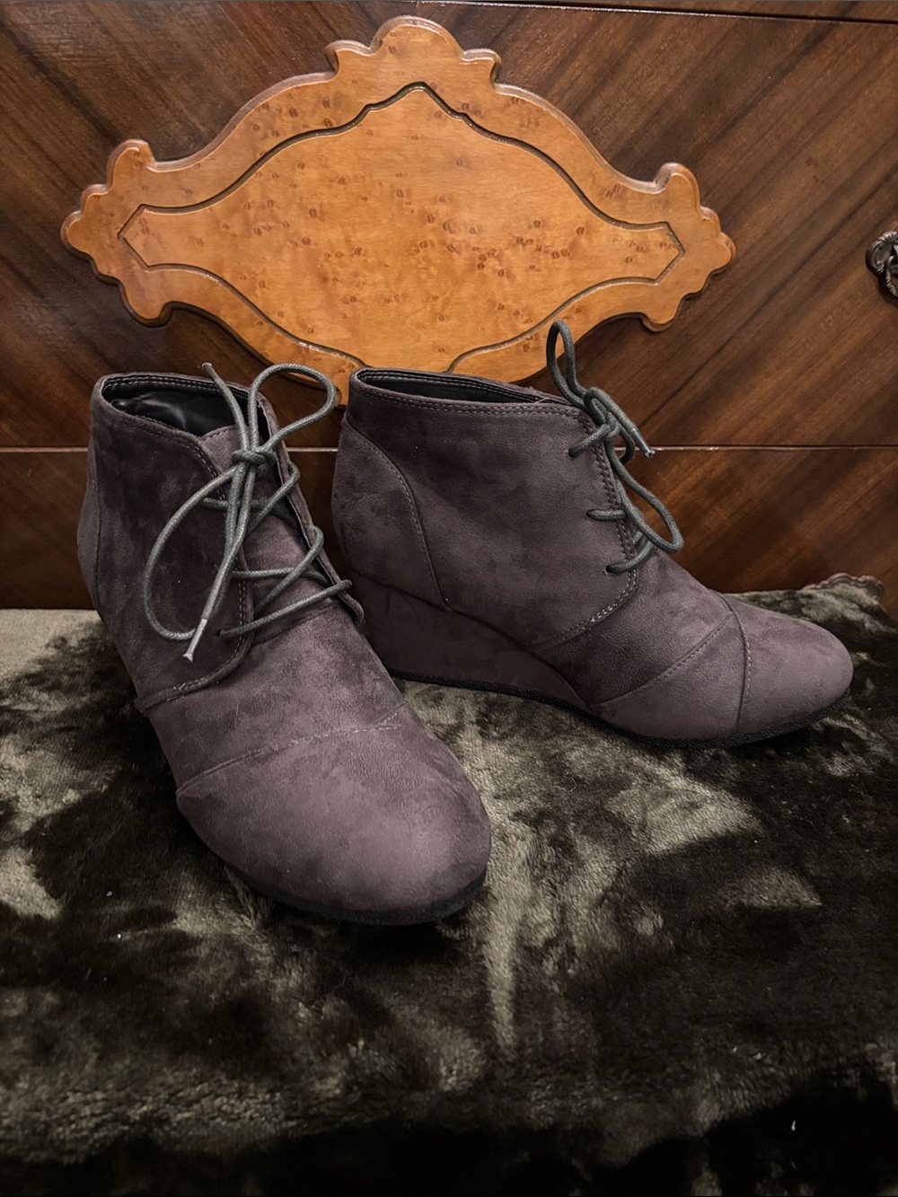 Lace-Up Suede Wedge Ankle Boots in Charcoal